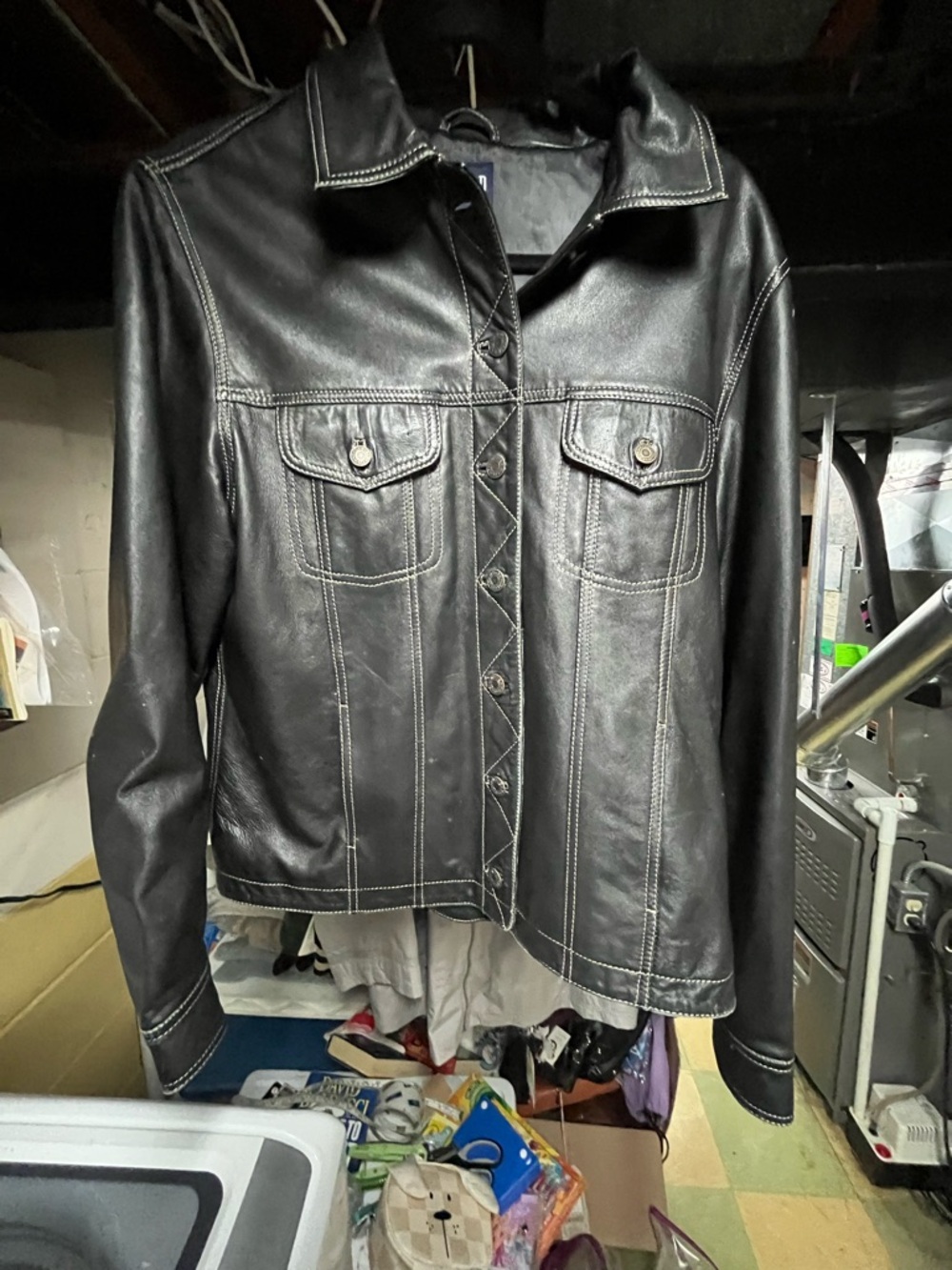 GAP Black Leather Jacket with White Contrast Stitching Size Large GUC